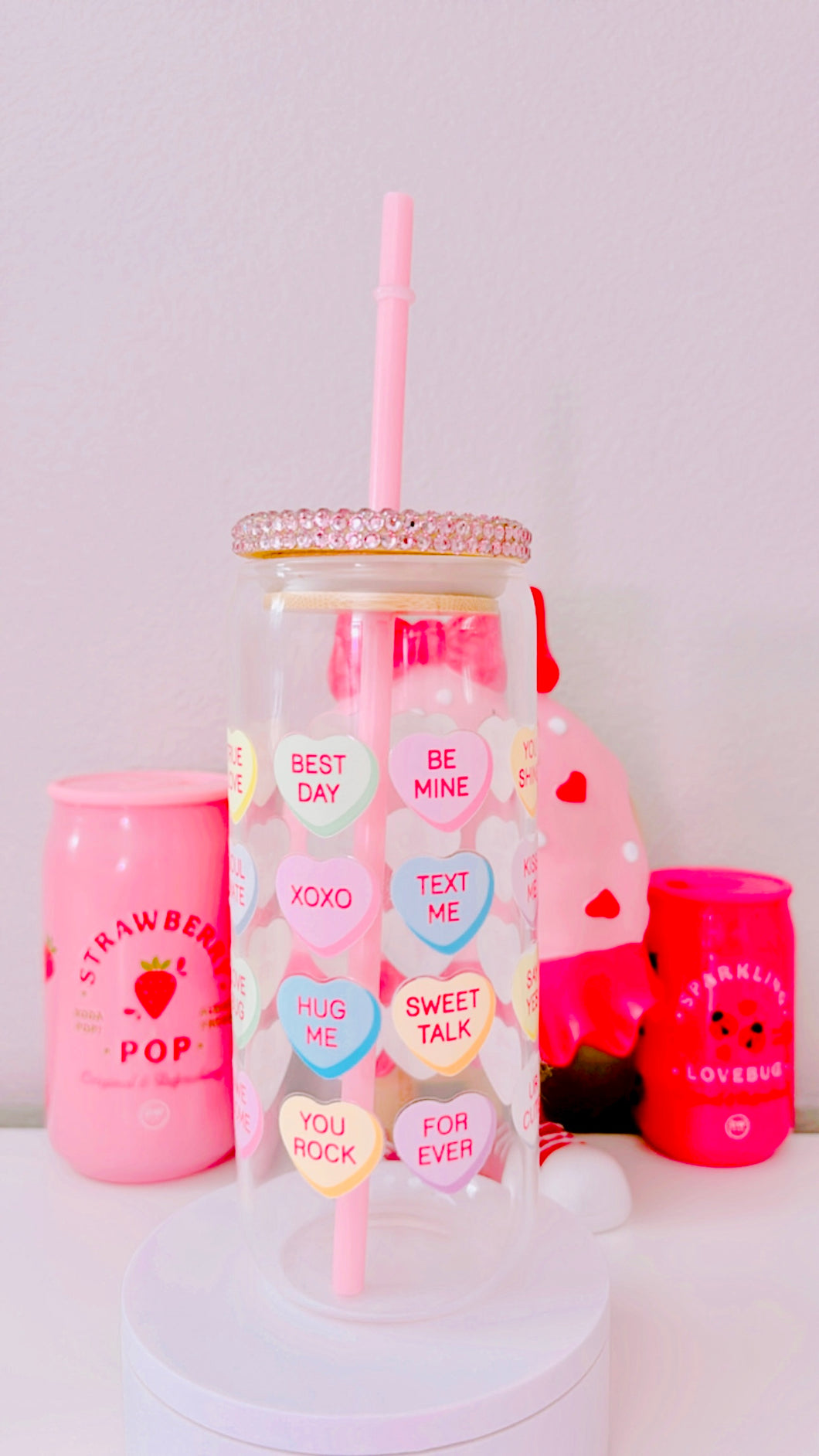 Conversation hearts clear glass can