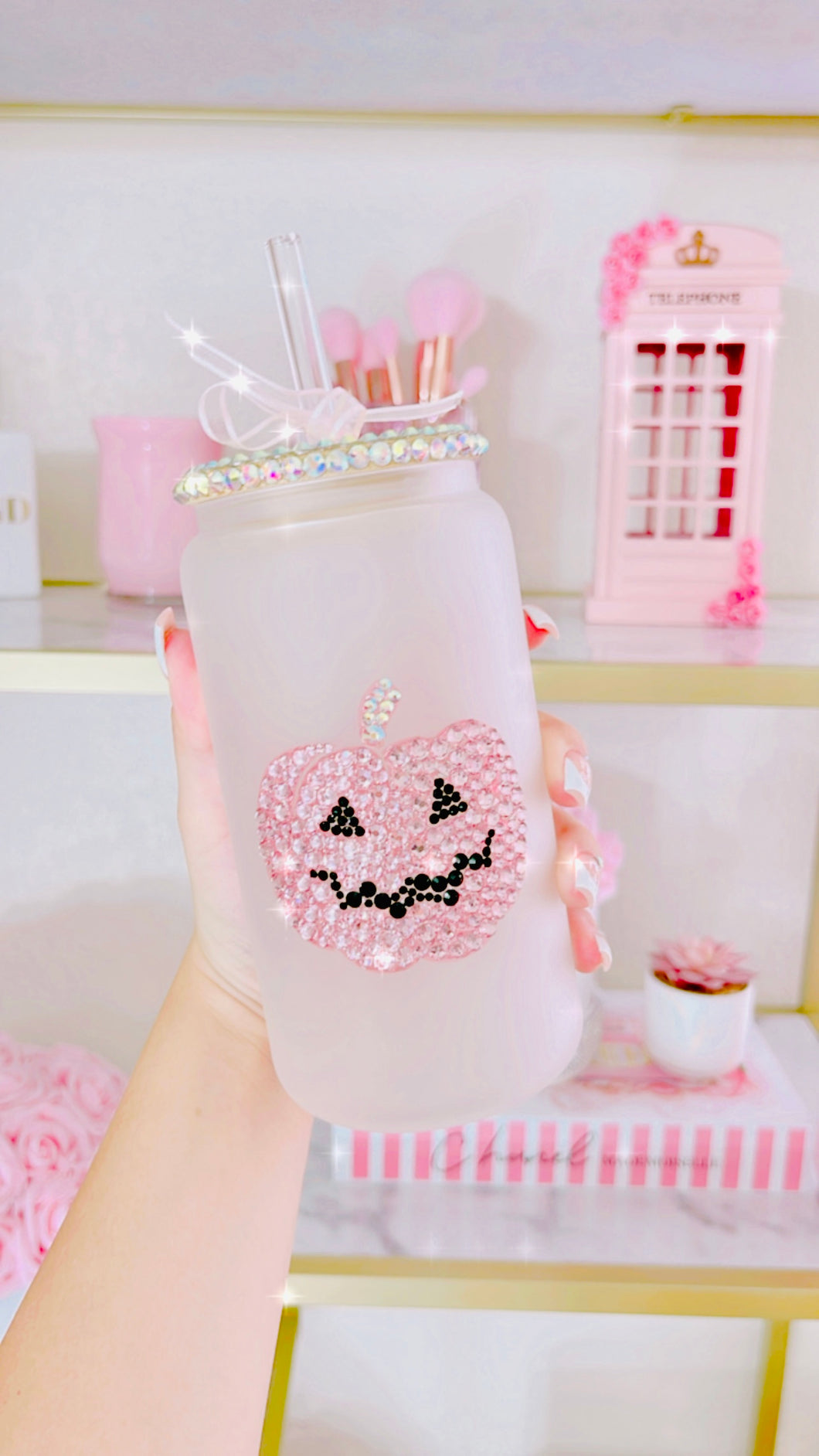 Pink bling pumpkin frosted glass can