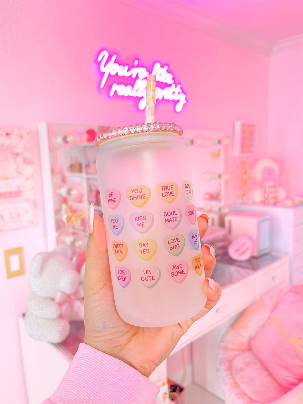 Conversation hearts glass can