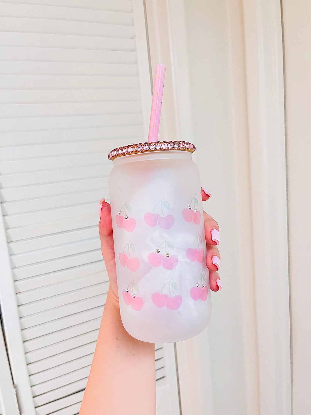Pink Cherry frosted glass can
